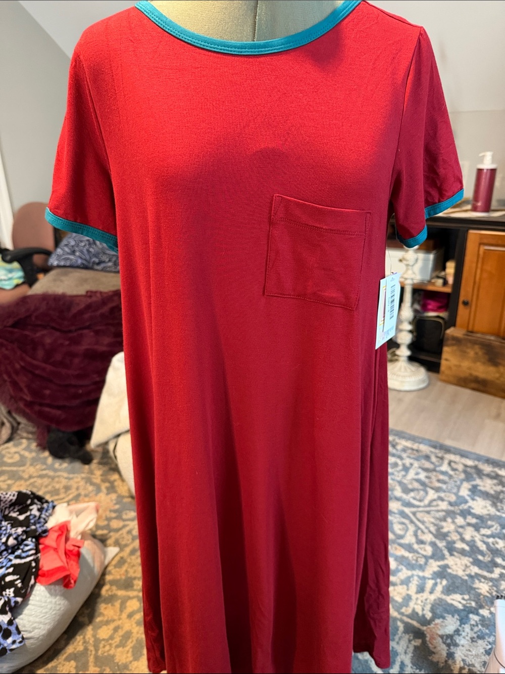 LuLaRoe Carly Red High-Low Pocket Dress with Teal Trim